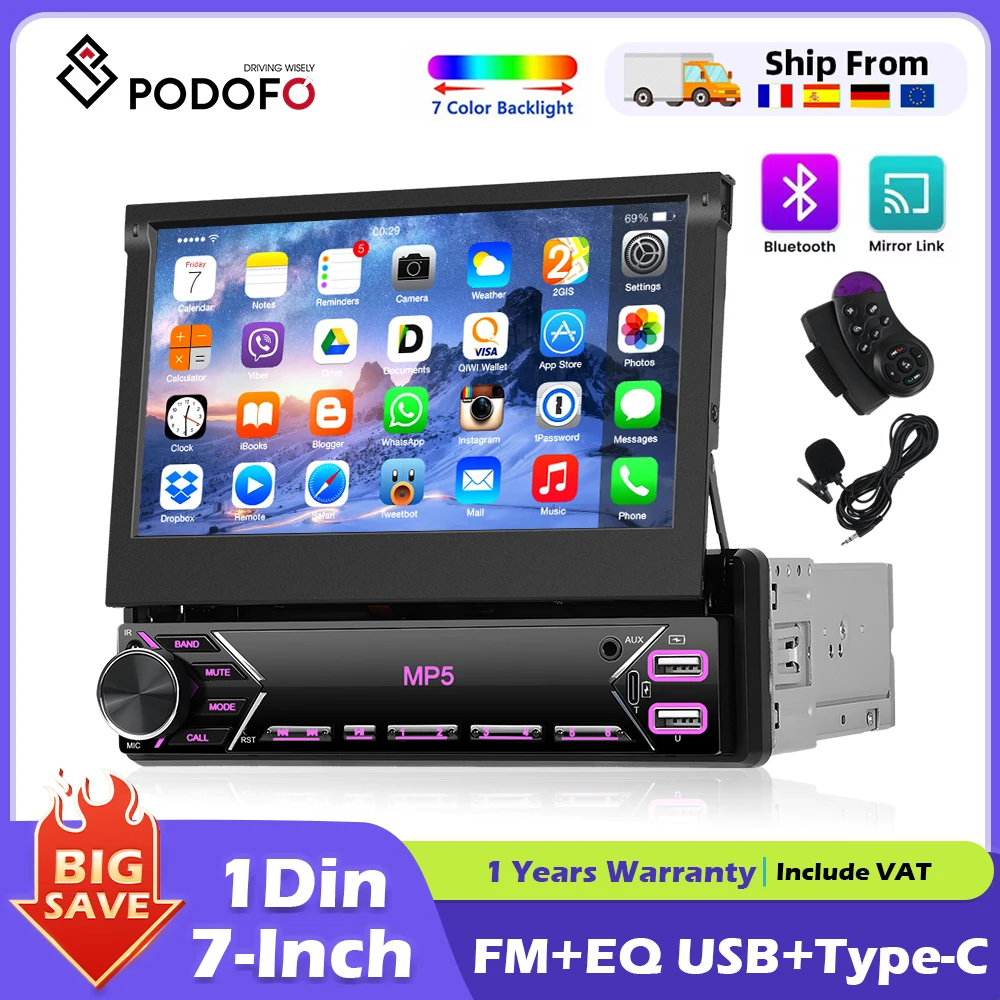 Podofo 1Din autoradio écran rétractable support miroir lien Bluetooth FM Radio avec entrée USB EQ Port type-c