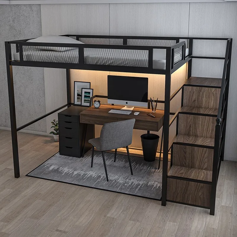 Nordic Iron Art Elevated Bed Simple Dormitory Apartment Room Single and Double Bed Up and Down Small Unit Multifunctional