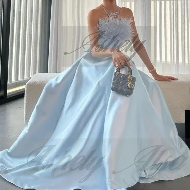 사용자 정의 우아한 여성 공식 특별 행사 드레스 깃털 새틴 라인 긴 댄스 파티 웨딩 파티 vestido de gala noche mujer