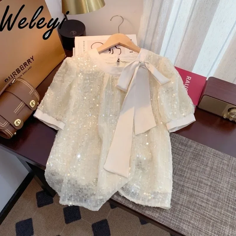 Temperament Sequines Chiffon Shirt Mujer 2024 New Summer Clothes French Women's Bow Strap Short Bubble Sleeve Blouse Female Top