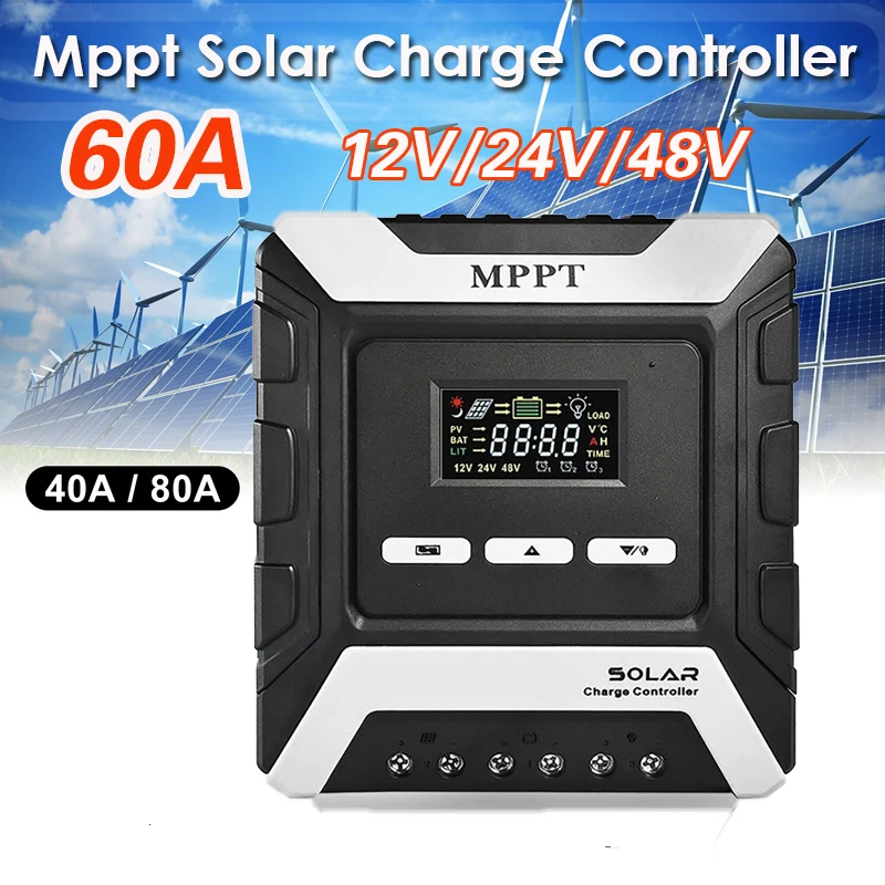 

Mppt Solar Charge Controller 10A/20A/60A/80A Solar Panel PV Regulator for 12V/24V/48V Lithium Lead-Acid Iron Phosphate Battery