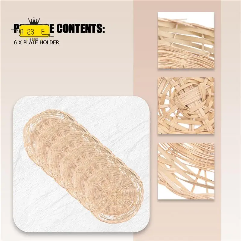 

A23E-6Pcs Бамбуковый держатель для бумажных тарелок-10-дюймовый круглый тканый держатель для тарелок, многоразовые держатели для бумажных тарелок для пикника