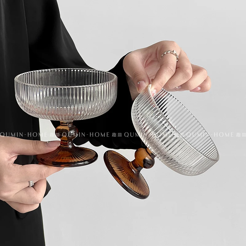 

Brown striped glass cup European style high aesthetic crystal high foot