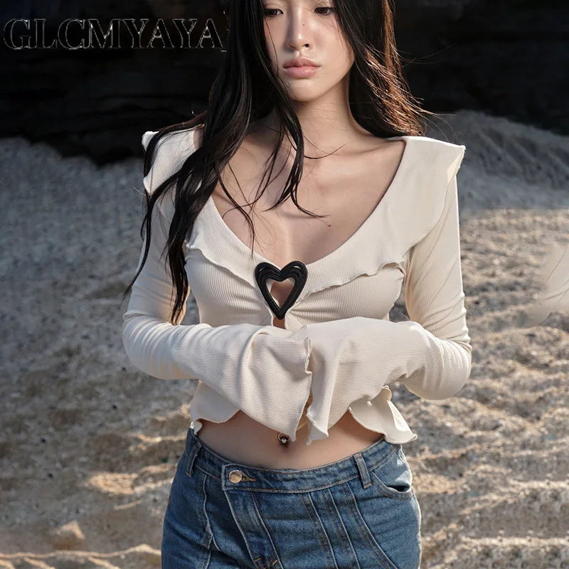 GLCMYAYA Women U-neck Flounced Edge Solid Hollow Out Spliced Crop Tops 2023 Basics Slim Hotsweet Sexy Butterfly Sleeve T-Shirts