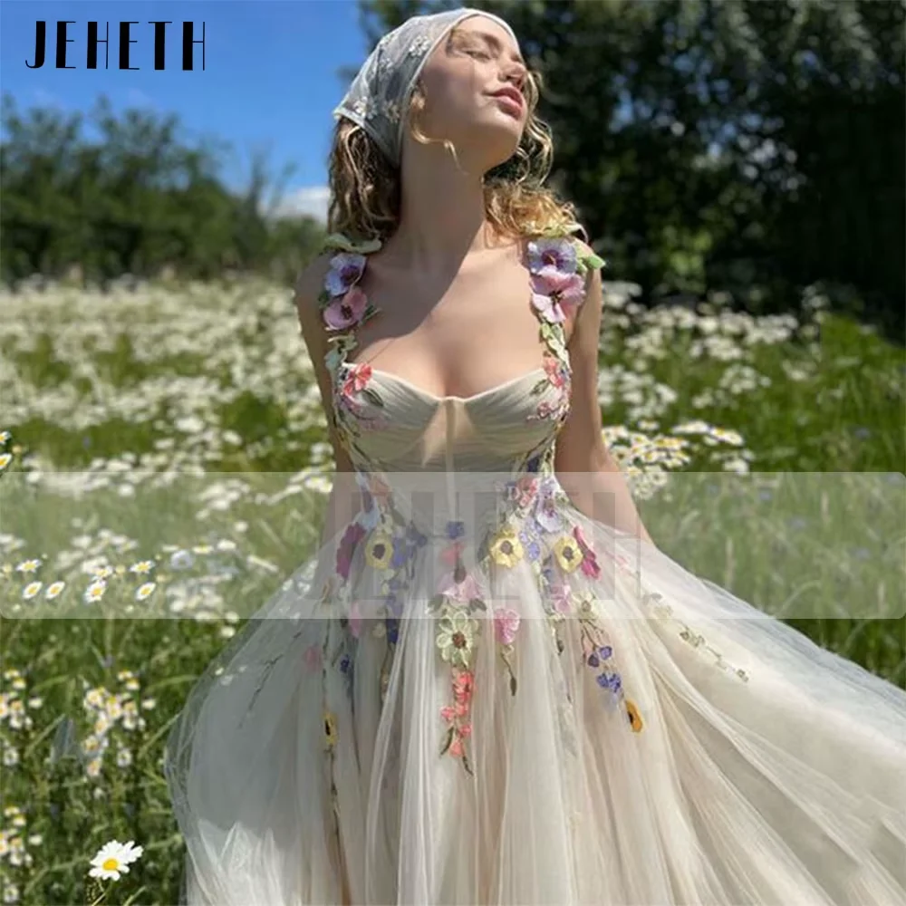 JEHETH Light Champagne Pastrol Prom Dress 2025 Embroidery Tulle 3D Flowers Straps Square Neck Tea-Length Party Dress Customized