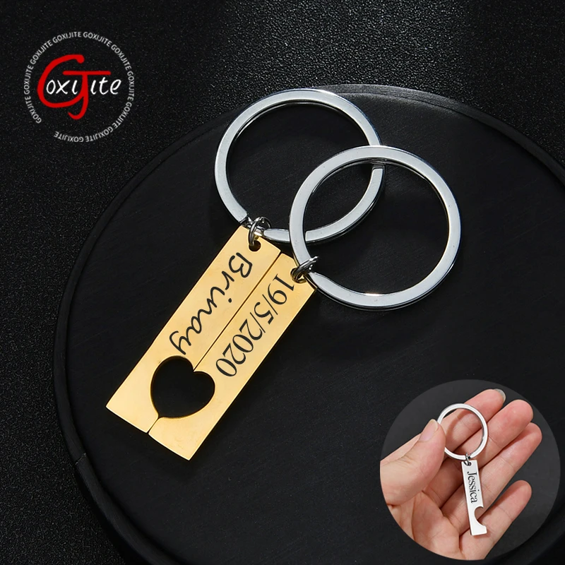 Goxijite Carving Name Hollow Heart Keychain For Couple Stainless Steel Smooth Surface Engrave Date A Pair Keychains Jewelry Gift