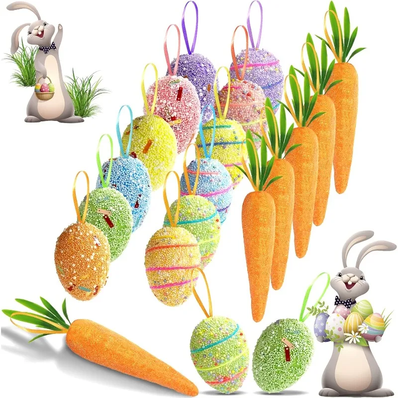 

18PCS Easter Egg Ornaments and Carrot Hanging Ornaments Colorful Foam Hanging Egg Decorations Home Party DIY Crafts