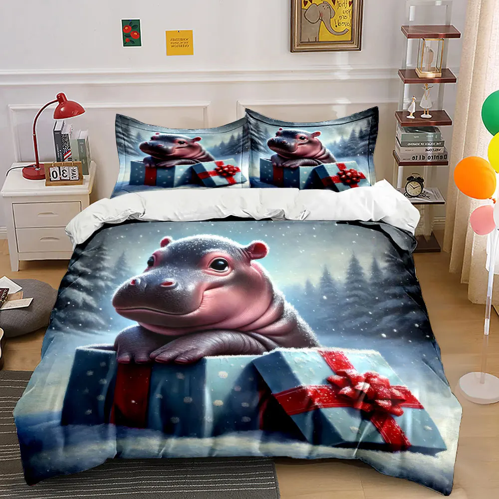 Adorable baby hippo in a snowy Christmas gift box Print Duvet Cover Bedding Set Included 1*Duvet Cover 2*Pillowcases