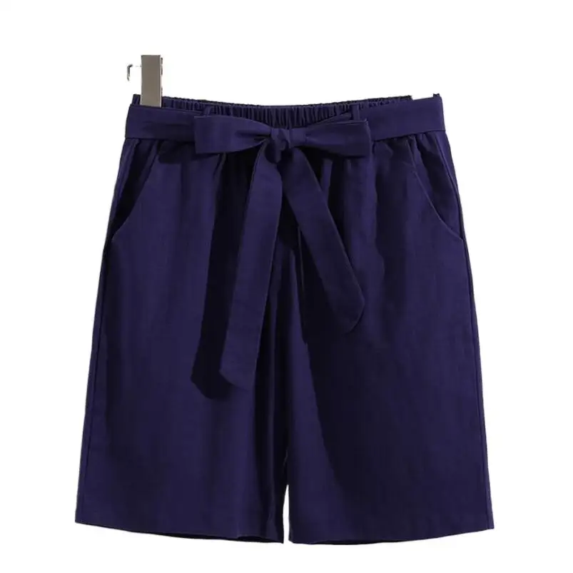 

2024 Summer Women Shorts Fashion Cotton Linen Wide Belt Shorts With Pocket Candy Color Shorts -