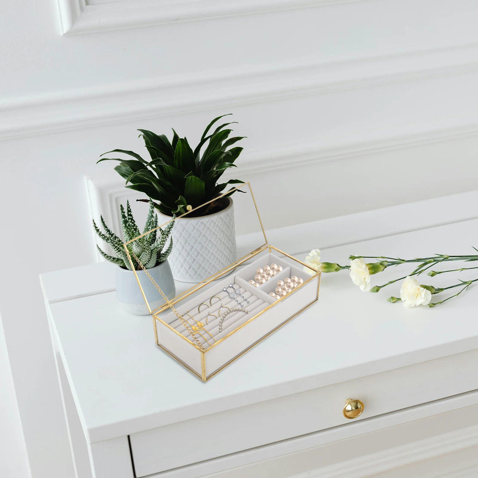 

Glass Top Jewelry Box Vintage Gold Frame Clear Keepsake Organizer for Women Earring Ring Necklace Storage Display Case