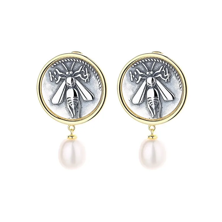 

E3 ZFSILVER 925 Silver Fashion High Quality Luxury Gold Retro Greek bee Ancient Coin Earrings Jewelry Women Match-all Gift Girl