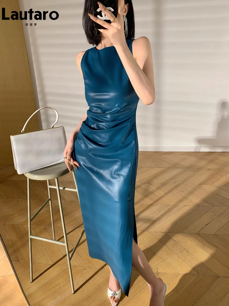 Lautaro Spring Autumn Sleeveless Backless Black Stretchy Blue Soft Faux Leather Midi Tank Dress Women Slim Fit Long Dresses 2023