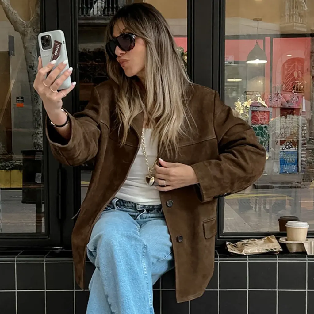 

Vintage Suede Lapel Maillard Jacket Distinctive Style for Autumn Winter Loose Fit Niche Top for Women