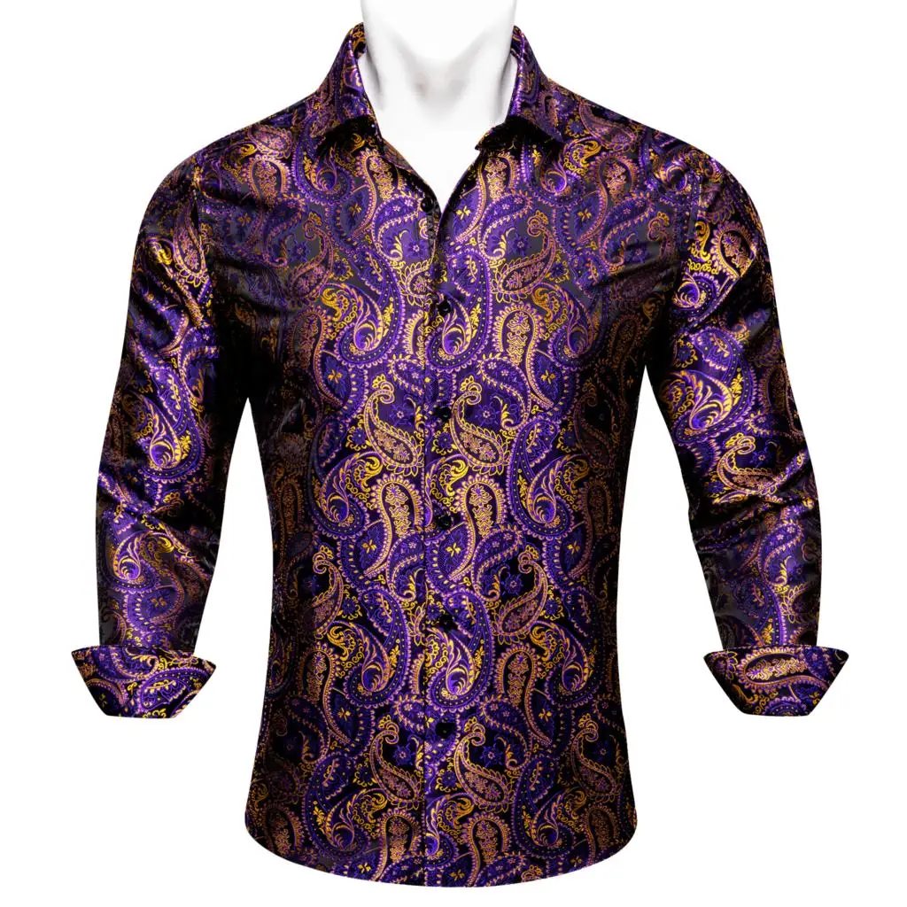 Designer Shirts for Men Silk Long Sleeve Purple Gold Paisley Embroidered Slim Fit Male Blouses Casual Tops Barry Wang