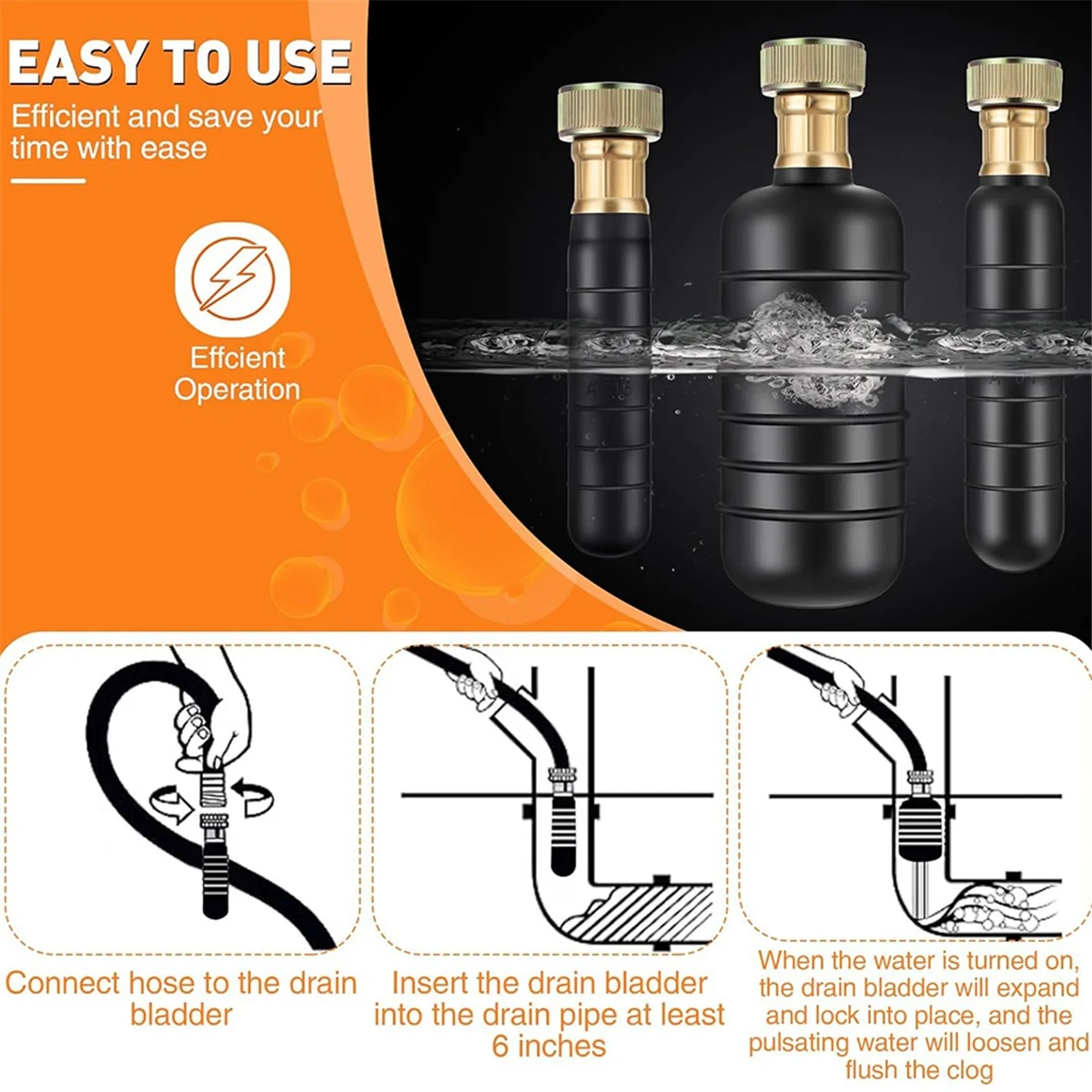 DQ2G Drain Bladder Kit,3 PCS Drain Cleaning Bladders Fits 1 to 6 Drain Pipe, Unclogs Stubborn Blockages in Main Drain & Sewer