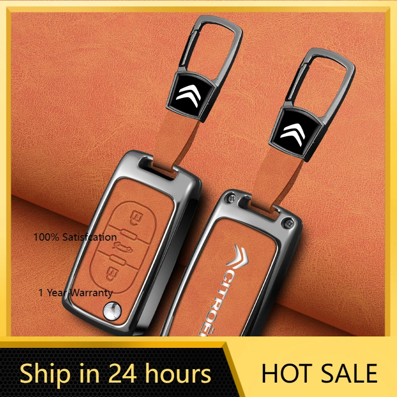 

2026 Hot Car Sticker Zinc Alloy Leather Car Flip Key Case Cover Protector Shell Fob Key For Citroen C1 C2 C3 C4 C5 XSARA PICA Au