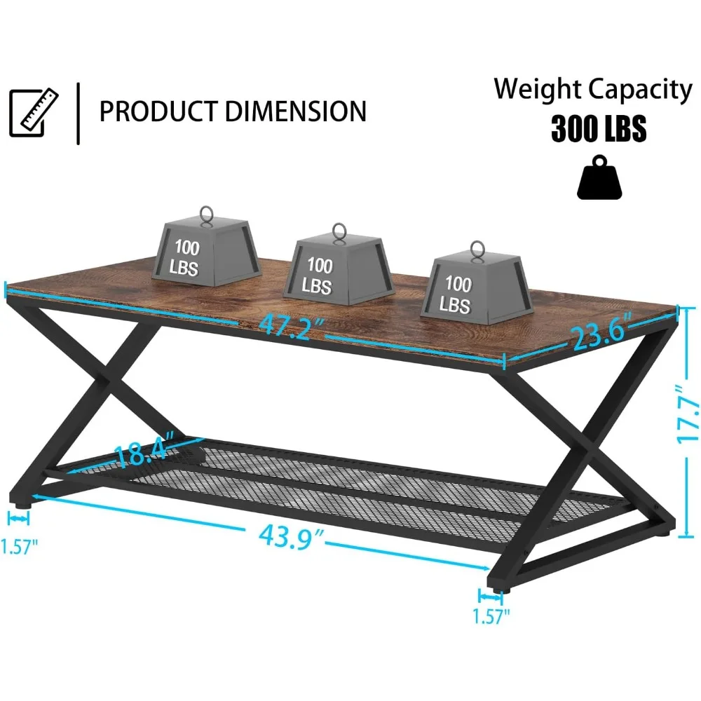طاولة قهوة ريفية مع مساحة تخزين، طاولة غرفة معيشة مركزية من الخشب الصناعي مكونة من طبقتين مع رف شبكي، بيت المزرعة خشبي منخفض R