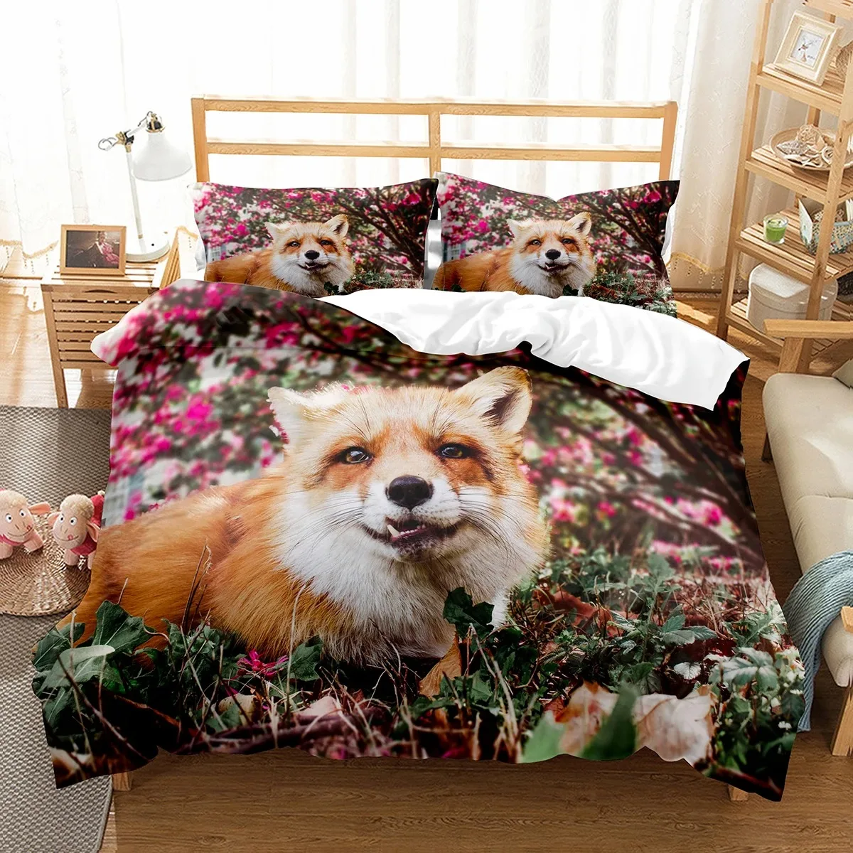Fox dekbedovertrekset cartoon schattige vos polyester dekbedovertrek koning koningin full size voor kind jongen meisje beddengoed set met kussensloop