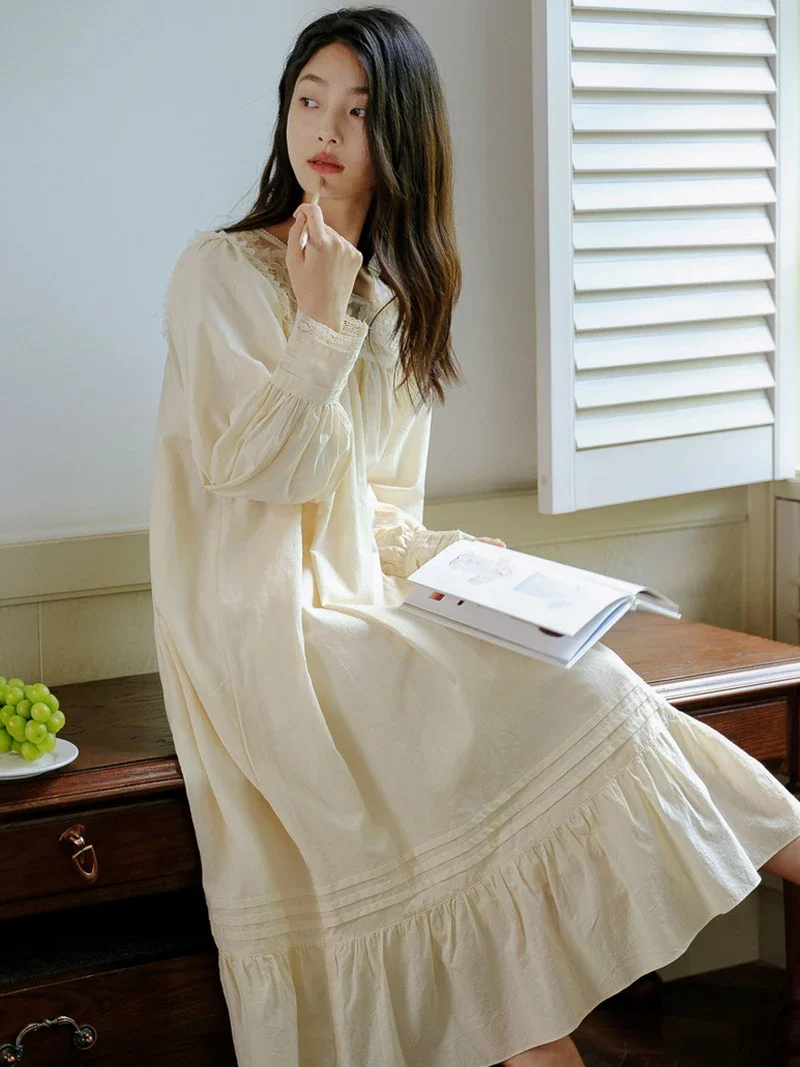 Women French Court Style Vintage Sleepwear Loose Fairy Lace Long Pajamas Spring Autumn Sweet Princess Victorian Homewear