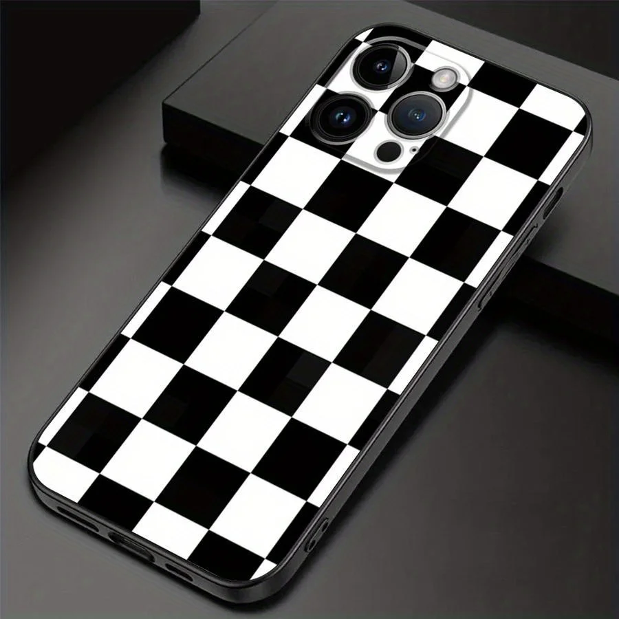 Casing ponsel TPU desain kotak-kotak hitam putih cocok untuk iPhone 17 16 15 14 13 1211 Pro/ Max /Plus, casing lembut matte all-inclusive