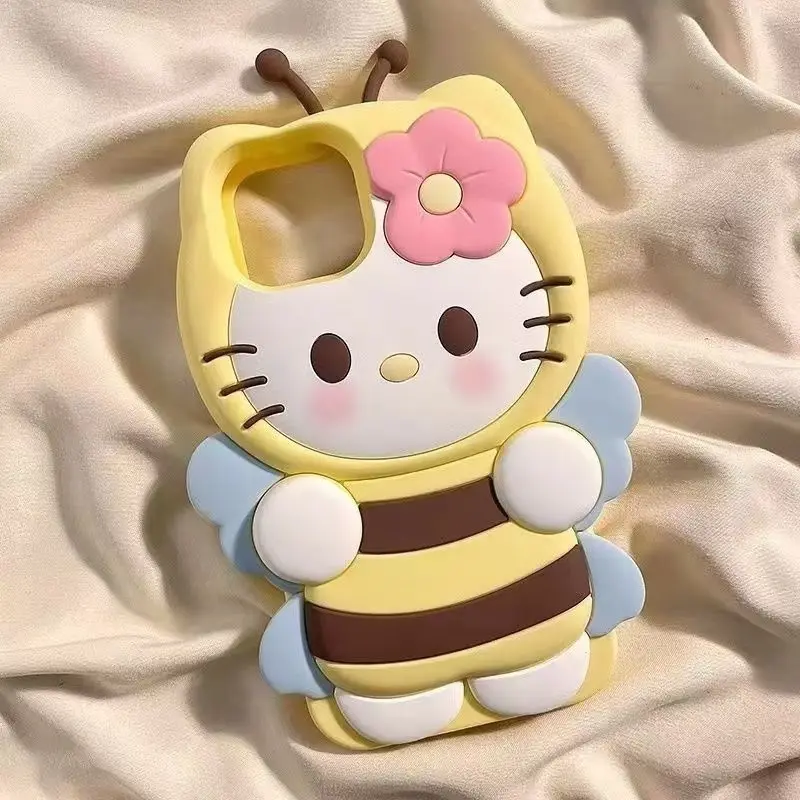 Sanrios Bee Hello Kittys Cartoon All Inclusive Mobile Phone Case New Cute Girls Anti Fall Silicone Mobile Phone Protective Case
