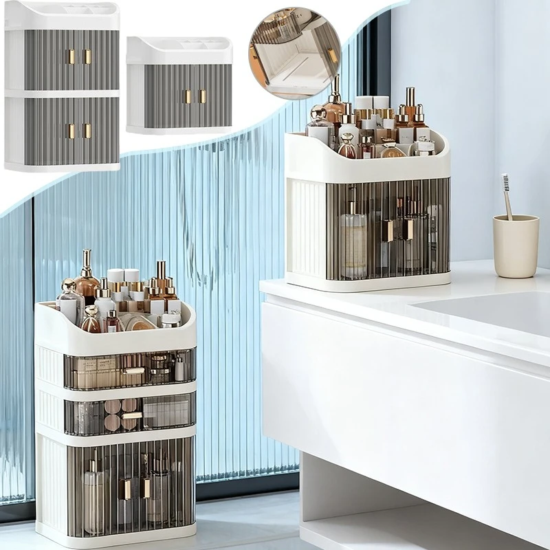 

New Luxury Desktop Cosmetics Storage Box Premium Sliding Door Drawer Type Desktop Storage Cabinet Dust-proof Storage Rack 수납함