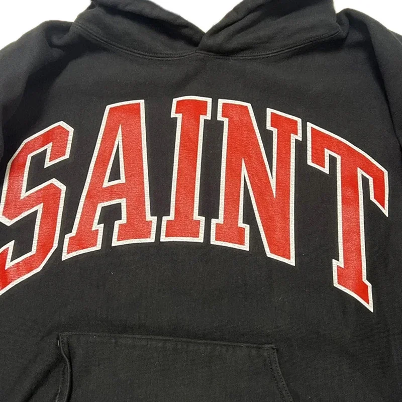 High Quality  Cotton Classic Cracked Letter Logo Print Saint Hoodie Men Women 1:1 Tags Couple Oversized Gray Black Pullovers