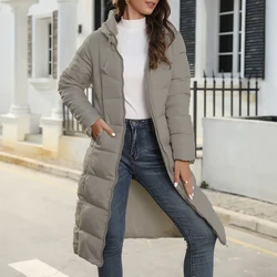 Mia Muse Casaco acolchoado feminino outono inverno simples básico zíper manga comprida com capuz diário roupas acolchoadas longas