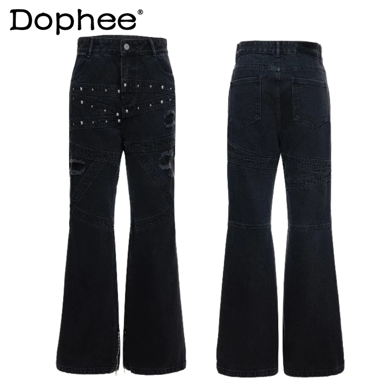 

Men's 2026 Spring New Fashion Rivet Splicing Curved Jeans Pocket Decoration Handsome Denim Trousers Male Handsome Denim Pants