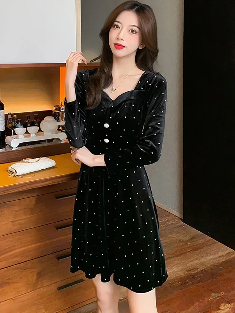 Robe de soirée de luxe vintage coréen pour femmes, velours noir, diamants, pois, tambour élégant, robes de soirée, automne, hiver, 2024