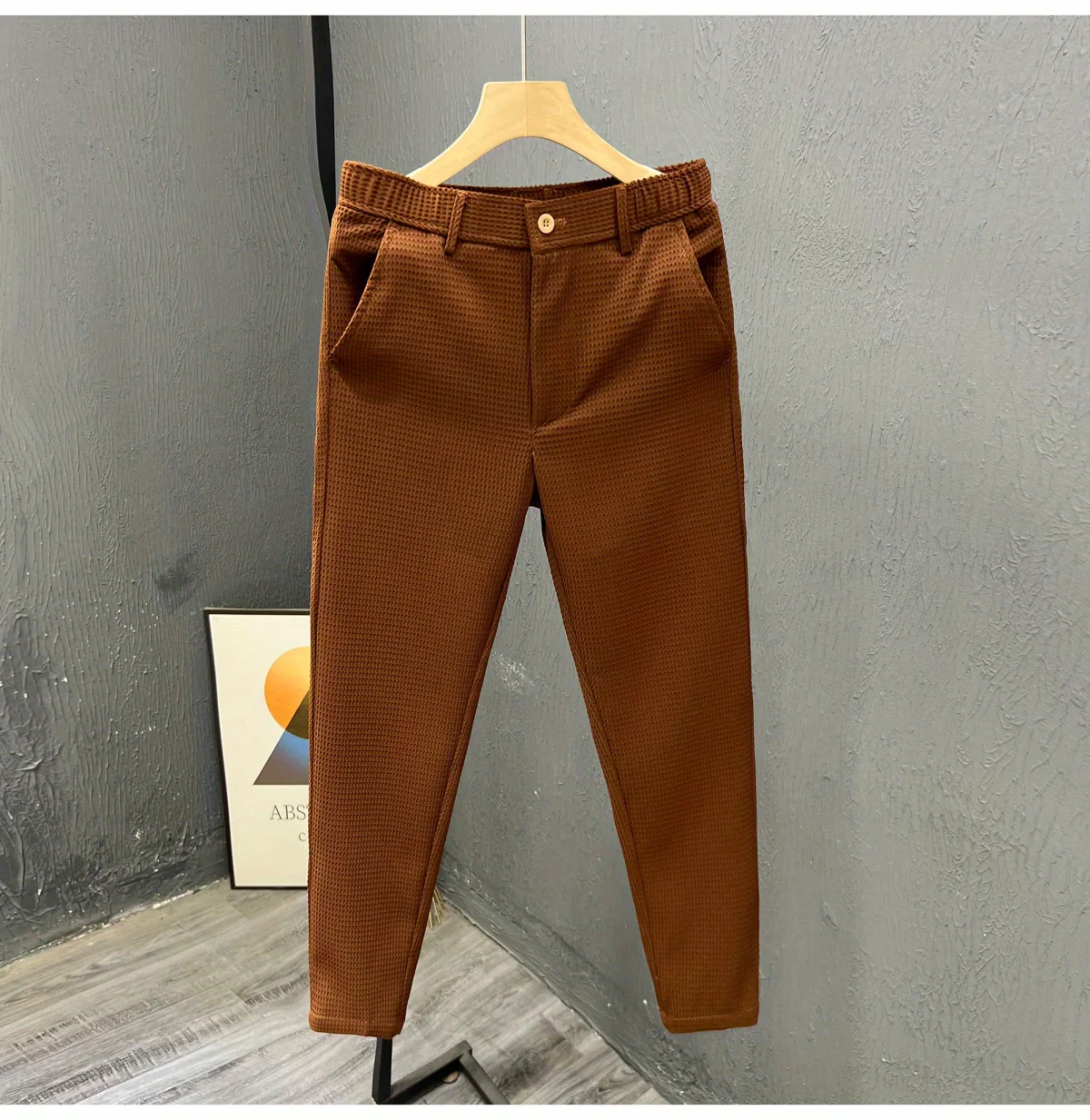 2024 Leisure Trend Korean Edition Summer Solid Color Zipper Pocket Men\'s High Waist Elastic Slim Fit Straight Nine Split Pants