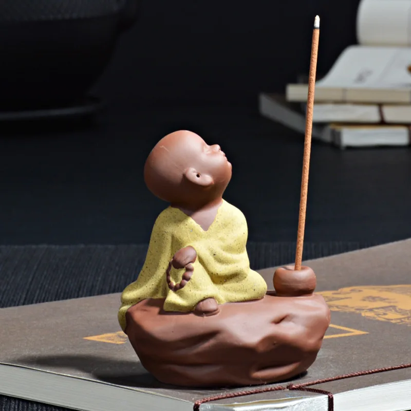 Freedom Happy Monk Tea Pet Accessories  Ceramic Zen Set Incense Stick Holder Handmade Home Decorations Mascot