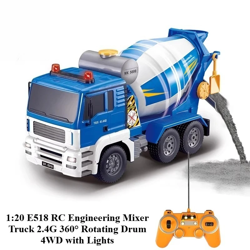 1:20 E518 RC Engineering Mixer Truck 2.4G 360° Rotating Drum 4WD with Lights Professional Grade Rechargeable Electric RC Toy Car