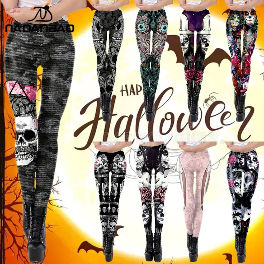 Nadanbao damskie legginsy Halloween róża czaszka legginsy z nadrukiem 3D modne gotyckie spodnie ołówkowe nowe seksowne spodnie imprezowe