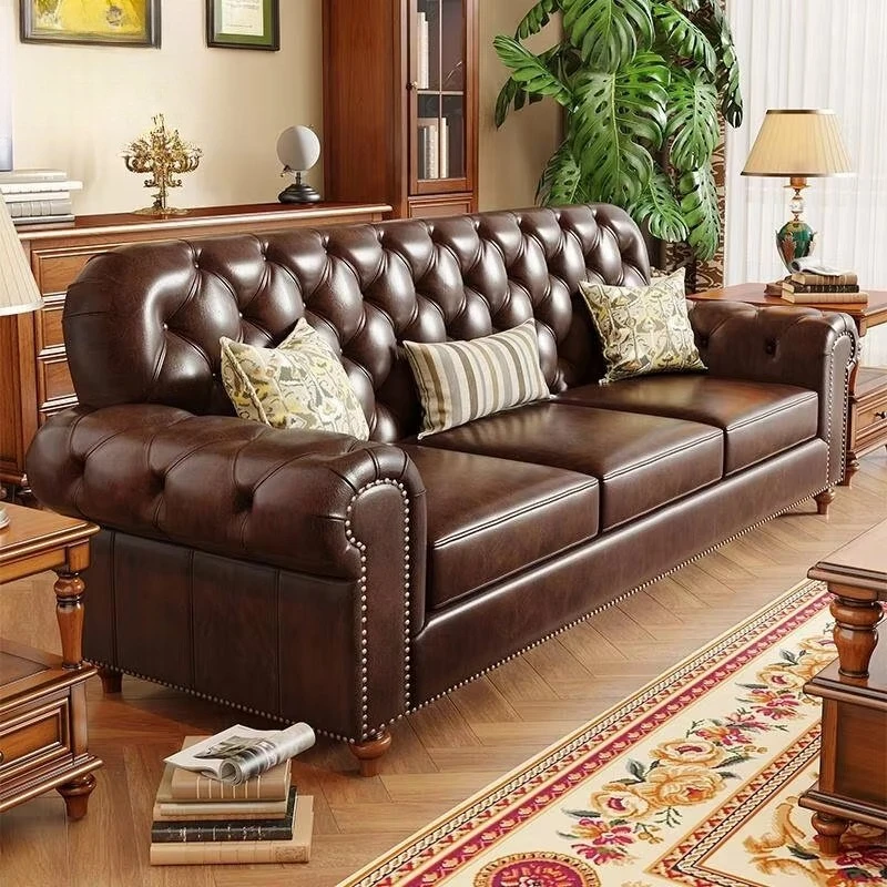 

American Retro Country Style Solid Wood Leather Furniture Set with 123 Combinations Chesterfield Living Room Sofa Sponge Filling