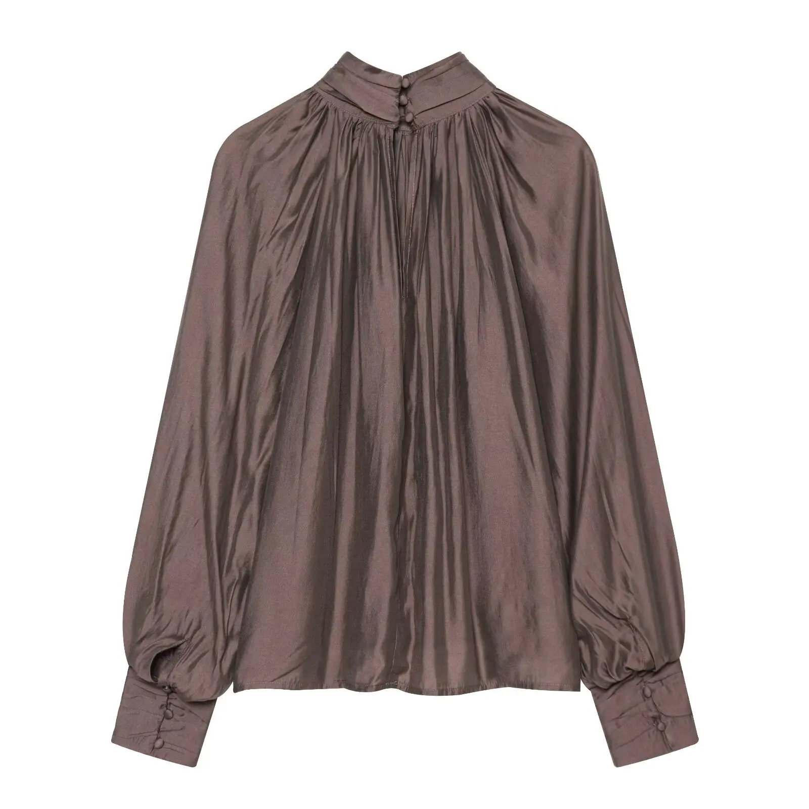 BSAY 2026 Französische Minimalistische Damen-Satinbluse mit Stehkragen, gerafftem Design, Laternenärmeln, lockerem Schnitt, glänzend, elegant, für Bürokleidung, Oberteil – Detail 10