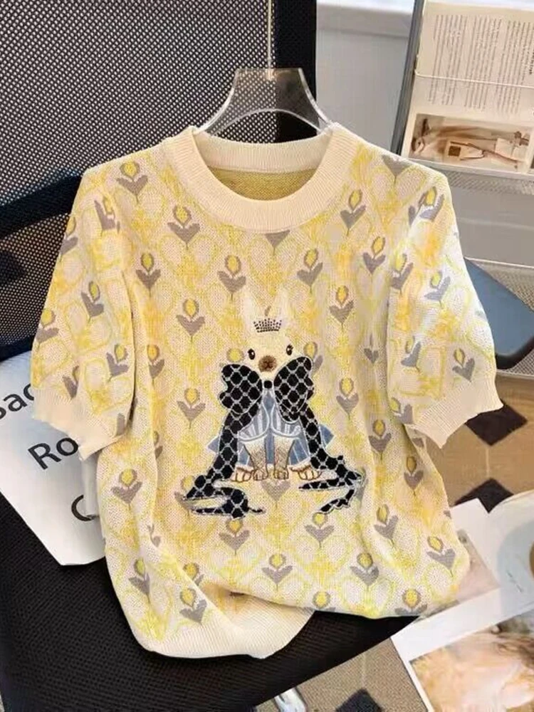 Cartoon Embroidered Knit Sweater Tshirt Women Tees Tops 2023 Summer Stylish Fashion Vintage Ladies Knitwear Half Sleeve Jumpers