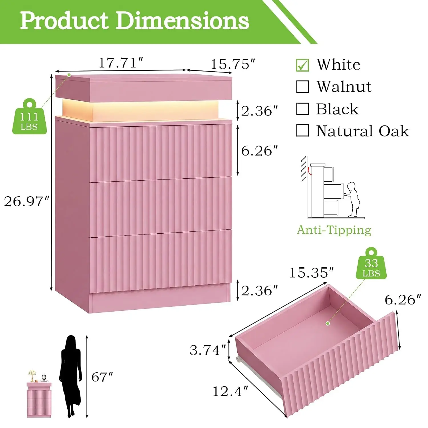 Pink Fluted Nightstand with Charging Station & LED Lights, Customized
