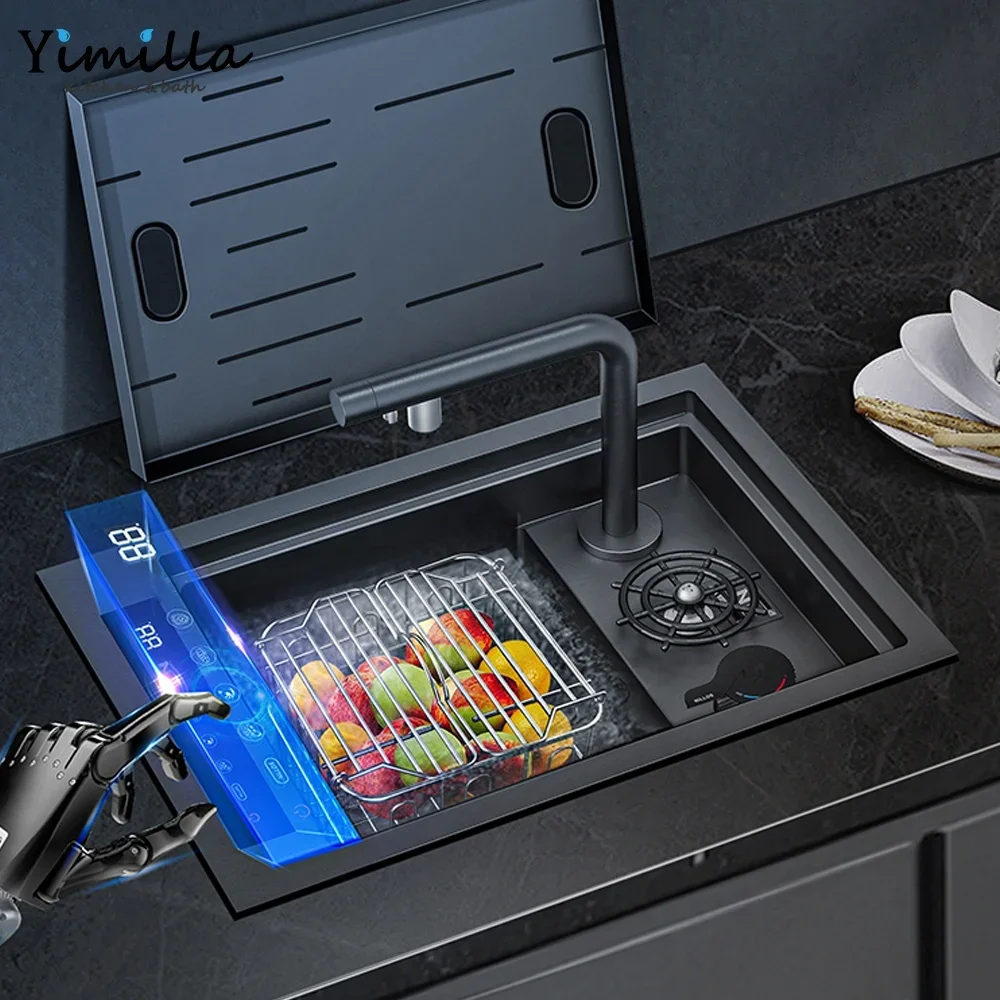 

Маленький черный скрытый кран из нержавеющей стали с одной чашей, интеллектуальная ультразвуковая мойка, умные кухонные мойки с мытьем чашки