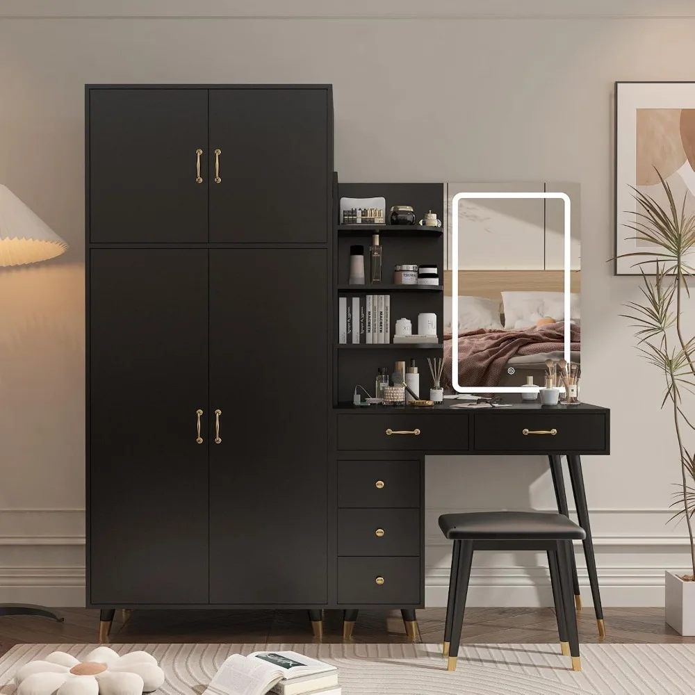 

Mirror and Lights Makeup Vanity Table Set with Charging Station Black Desk with Wardrobe, 5 Drawers, Open Shelves Vanity Desk