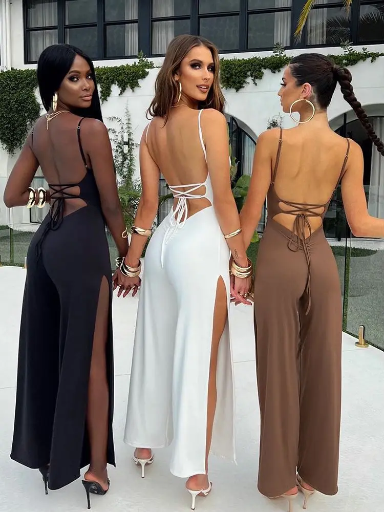 Cryptographic Bandage Slip Sexy Backless Jumpsuits for Women One Piece Bodycon Club Party Split Long Rompers Sleeveless Overalls