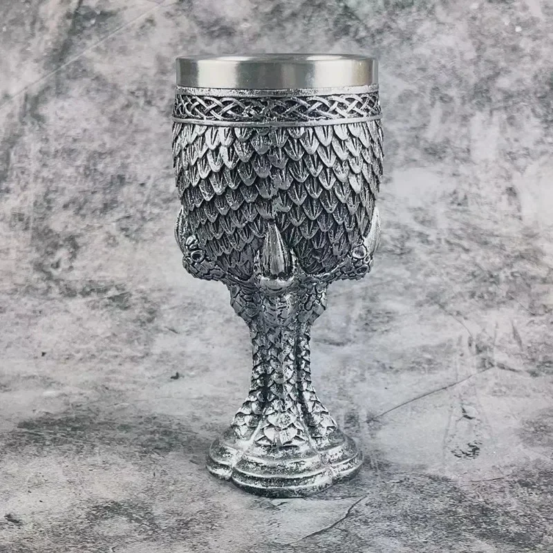 Creative 3D Embossed Dragon Scale Goblet Vintage Silver Dragon Claw 304 Stainless Steel Resin Bar Wine Glass Personalized Gift