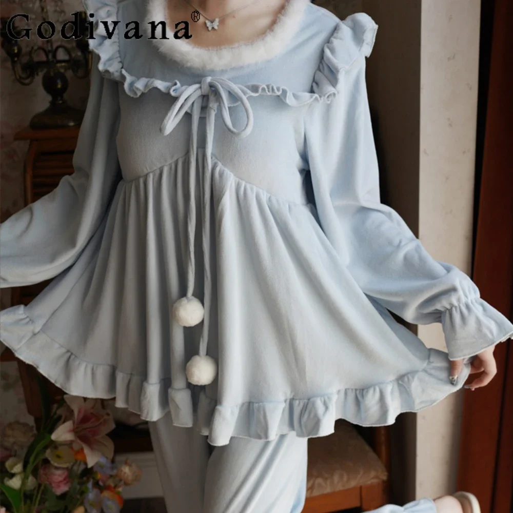 2024 Autumn Winter New Nightgowns Women's French Court Style Loungewear with Chest Pad Blue Pajama Set