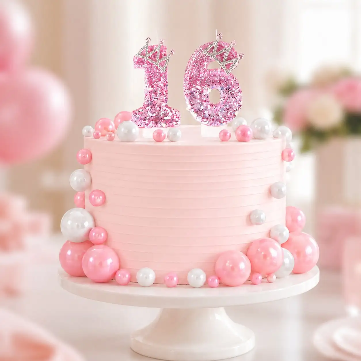 Girls Princess Birthday Cake Decor Set Pink Glitter Crown 0‑9 Number Candles Pink Ball Toppers for Party Cake Decoration
