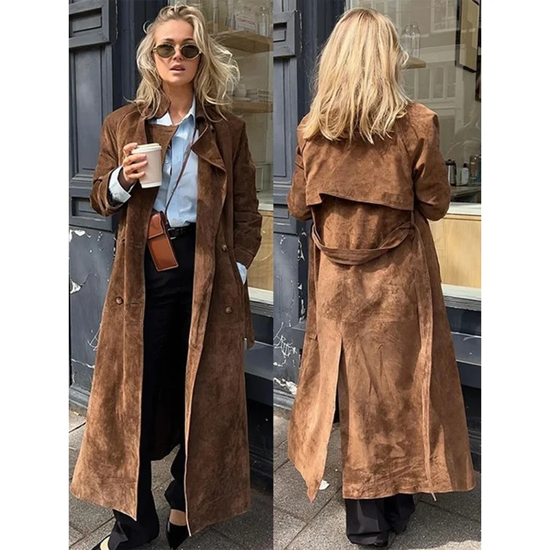 Women Retro Suede Jacket Lapel Full Sleeves With Double Breasted Belt Female Outerwear 2024 Autumn High Street Casual Lady Coats