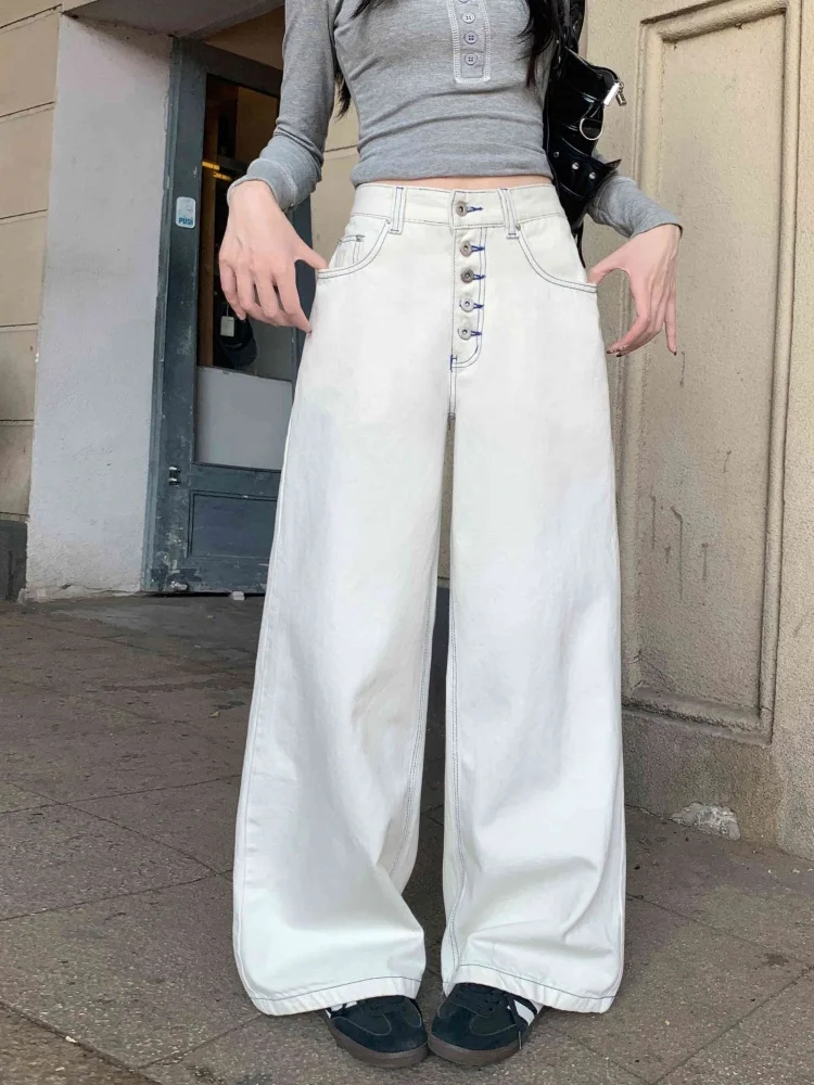 

2026 Ropa Y2K Fashion Button Fly Washed White Baggy Women's Jeans Pants For Woman Clothing Wide Leg Loose Cotton Long Trousers