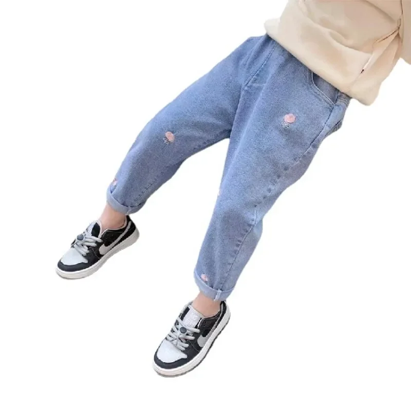 New Korean Version of Foreign Style Spring and Autumn Dress Girl Jeans Girl Baby Spring and Autumn Smoke Gray Pants Wear Loose