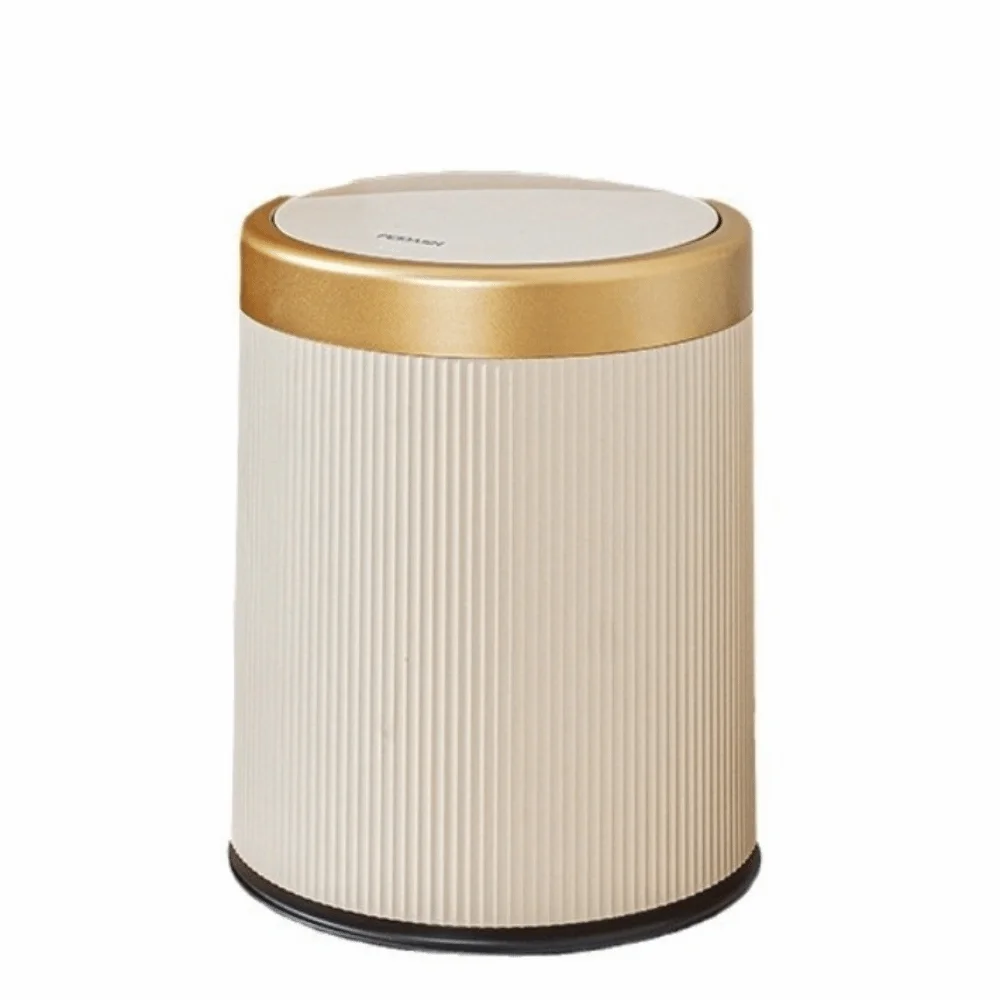 Luxury Press Type Kitchen Trash Can Odor-Sealing Gold Rim 12L Garbage Bin Ridged Body with Lid Living Room Dustbin Garage Toilet