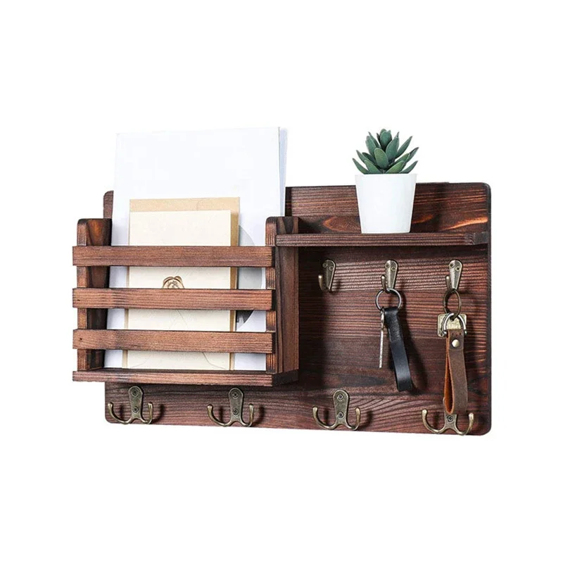 Mail Sorting Shelf with Keys Hangers Wall Mounted Wood Holder Tray Vintage Home Decor Hallway Storage Clothes Towel Bag Umbrella