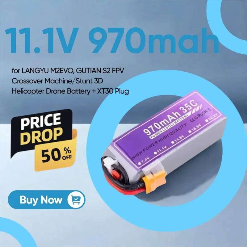 

11.1V 970mah 35C Lithium Battery for LANGYU M2EVO, GUTIAN S2 FPV Crossover Machine/Stunt 3D Helicopter Drone Battery + XT30 Plug
